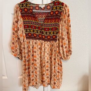 Umgee Beige and Red Patterned Long Sleeve Dress